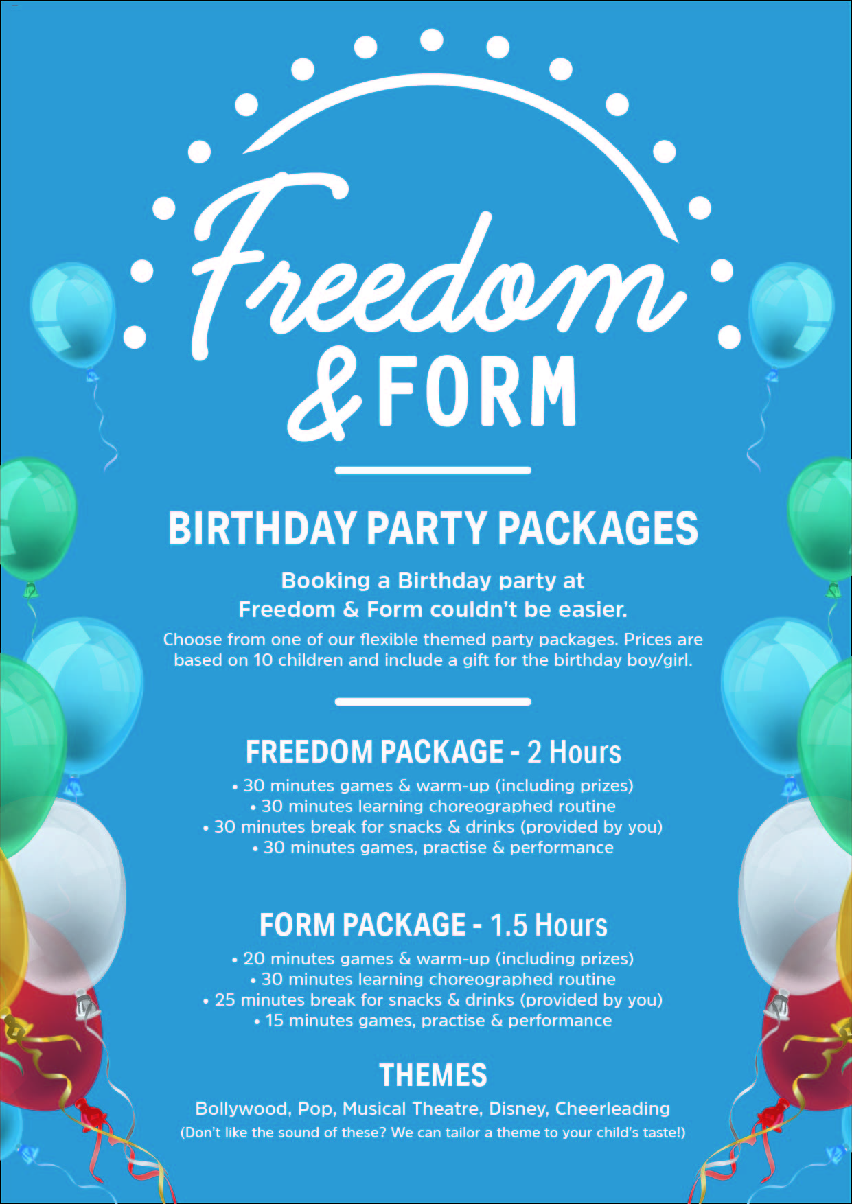 Freedom and Form birthday packages leaflet